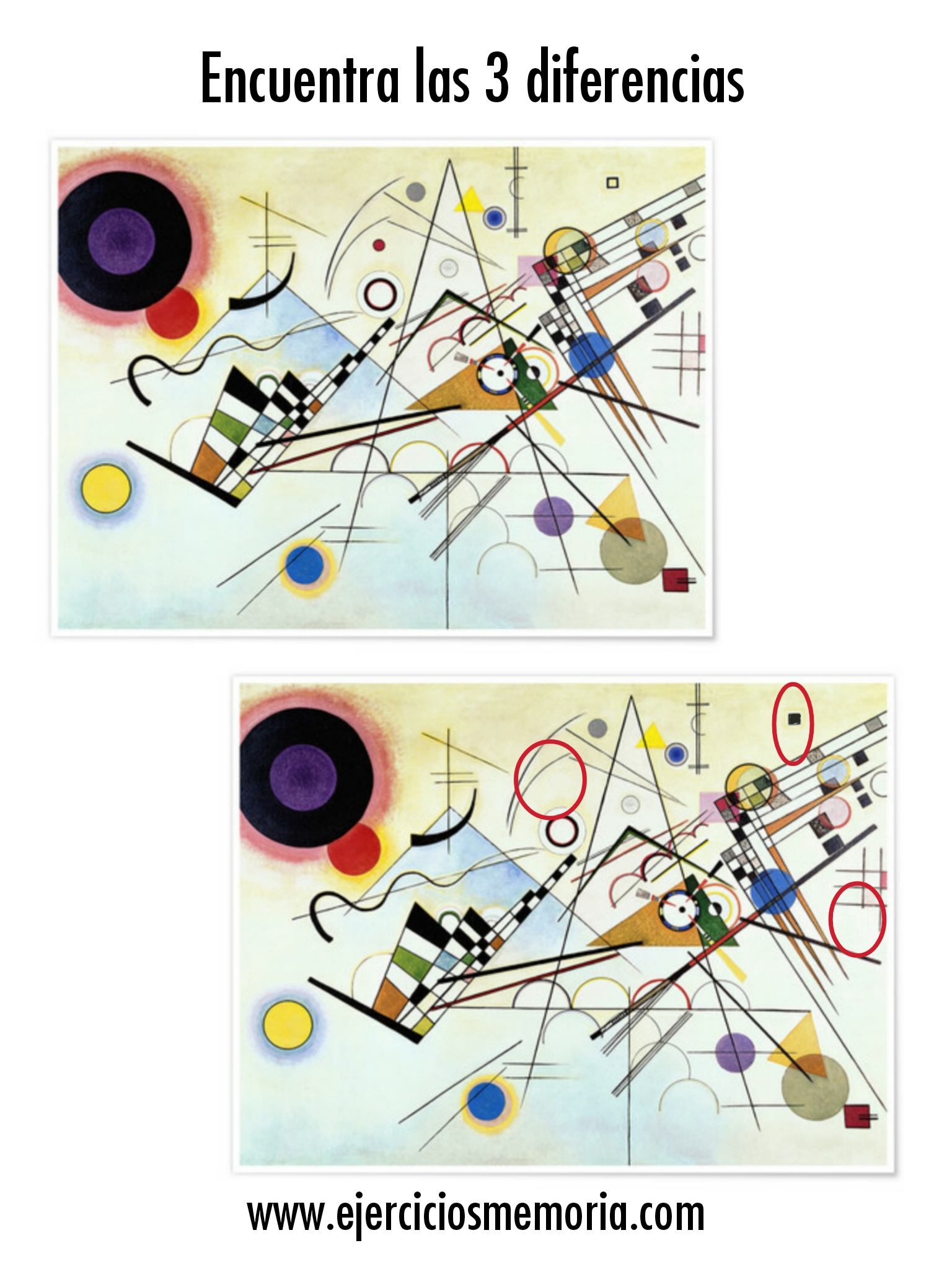 Solución al ejercicio: Encuentra las 3 diferencias en este cuadro de Kandinsky